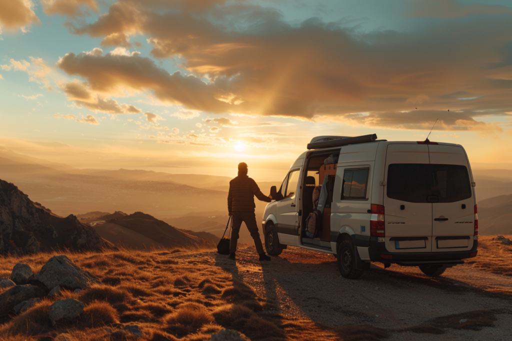 fabianct A young man opens the door of his modern van at sunri a4160d60 2e4a 4bea a26b 77d5da78c817