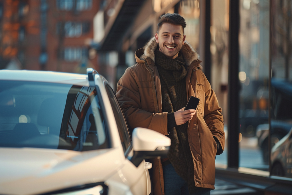 fabianct A young man standing next to his modern car smiling w 9bfe43d8 f9da 4938 9b91 bb53d08a4cf9